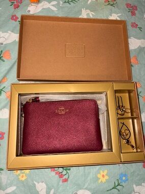 Coach Burgundy Leather Card & Key Pouch with Gold Hardware